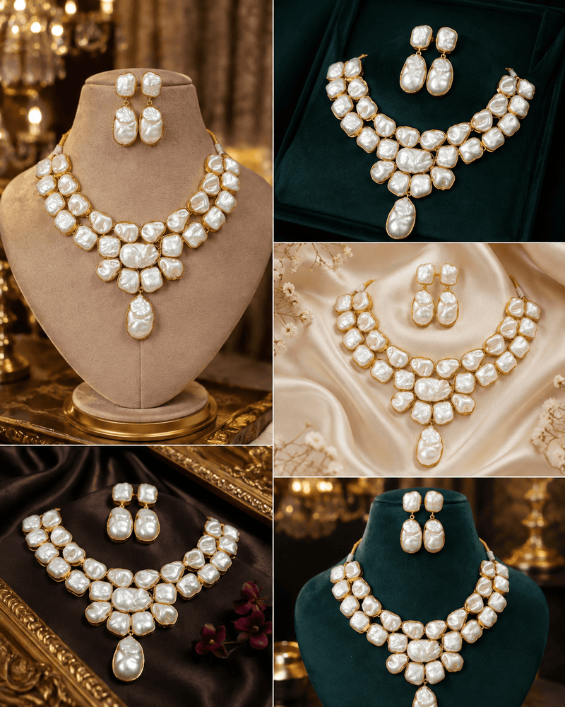 Aganya kreation Jewelry Moti Noor Faux Pearl Necklace Set with Earrings – Gold Tone Statement Jewellery