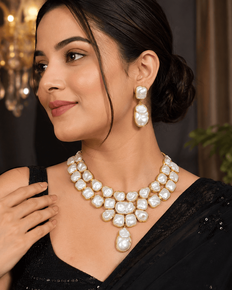 Aganya kreation Jewelry Moti Noor Faux Pearl Necklace Set with Earrings – Gold Tone Statement Jewellery