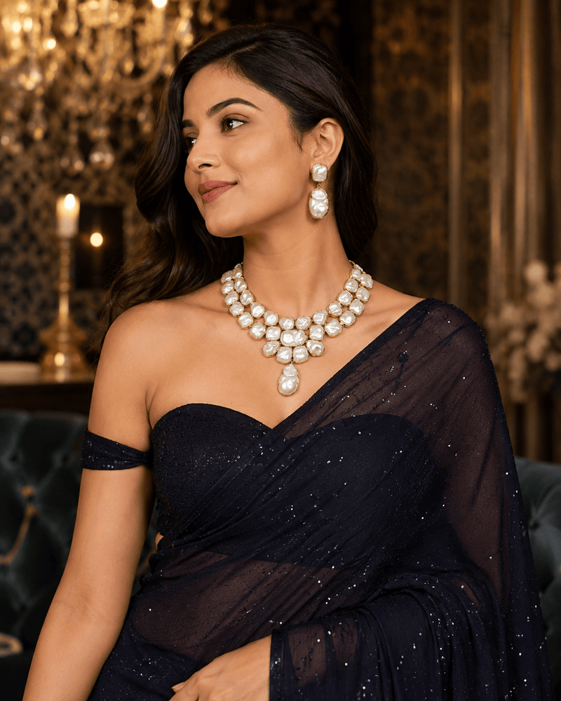 Aganya kreation Jewelry Moti Noor Faux Pearl Necklace Set with Earrings – Gold Tone Statement Jewellery