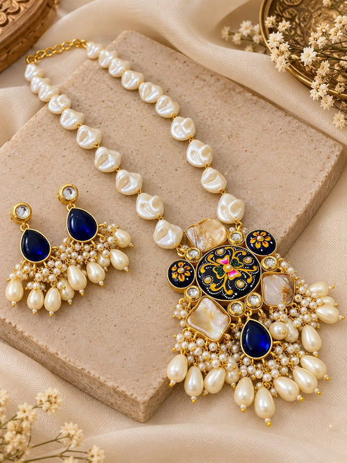Aganya kreation Jewelry Rajshree Meenakari Faux and Baroque Pearl Gold Plated Necklace Set for Women | Aganya Kreation. Dark blue