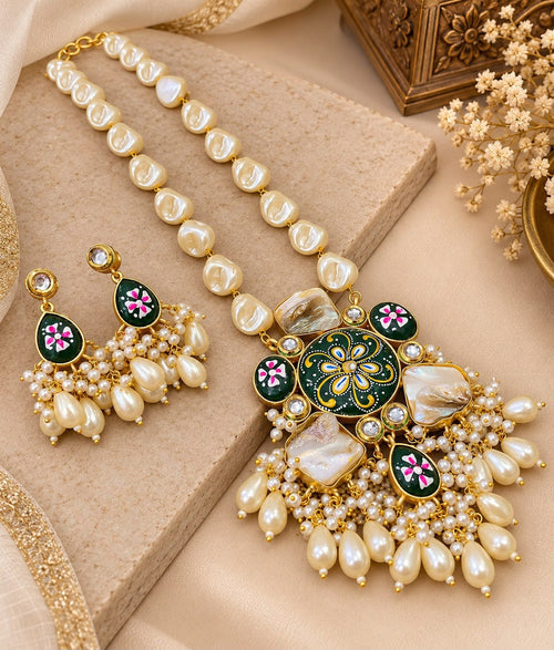 Aganya kreation Jewelry Rajshree Meenakari Faux and Baroque Pearl Gold Plated Necklace Set for Women | Aganya Kreation. Dark Green