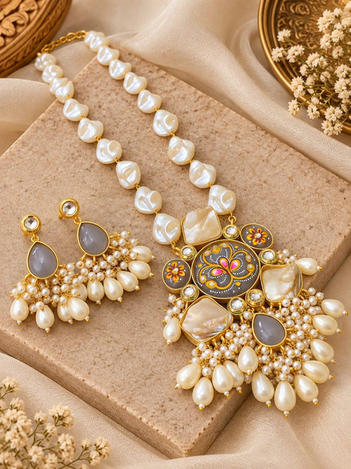 Aganya kreation Jewelry Rajshree Meenakari Faux and Baroque Pearl Gold Plated Necklace Set for Women | Aganya Kreation. Grey