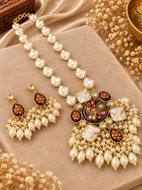 Aganya kreation Jewelry Rajshree Meenakari Faux and Baroque Pearl Gold Plated Necklace Set for Women | Aganya Kreation. Mehroon