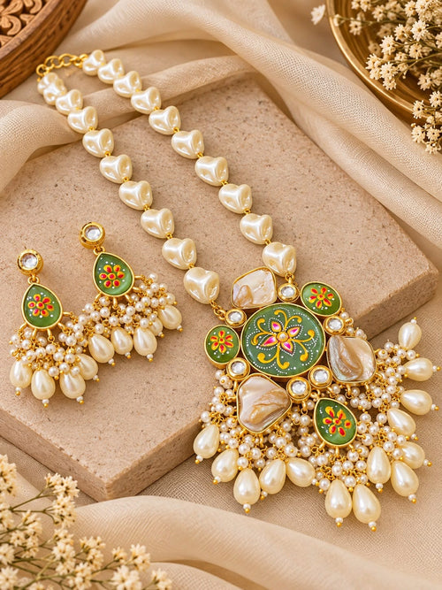 Aganya kreation Jewelry Rajshree Meenakari Faux and Baroque Pearl Gold Plated Necklace Set for Women | Aganya Kreation. Mint green