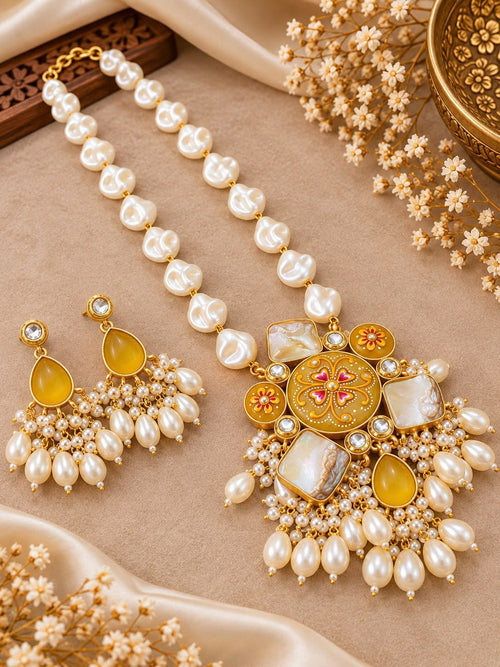 Aganya kreation Jewelry Rajshree Meenakari Faux and Baroque Pearl Gold Plated Necklace Set for Women | Aganya Kreation. Orange