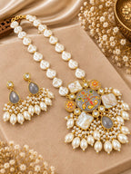 Aganya kreation Jewelry Rajshree Meenakari Faux and Baroque Pearl Gold Plated Necklace Set for Women | Aganya Kreation. Orange and Grey