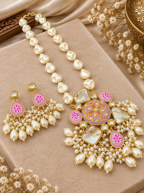 Aganya kreation Jewelry Rajshree Meenakari Faux and Baroque Pearl Gold Plated Necklace Set for Women | Aganya Kreation. Pink