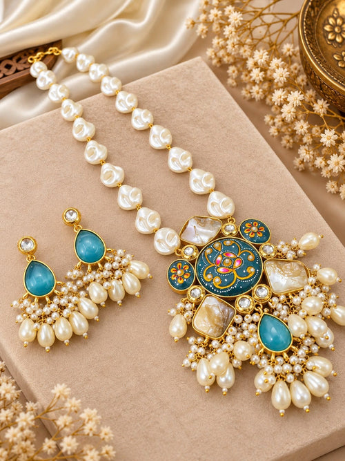 Aganya kreation Jewelry Rajshree Meenakari Faux and Baroque Pearl Gold Plated Necklace Set for Women | Aganya Kreation. Sky blue