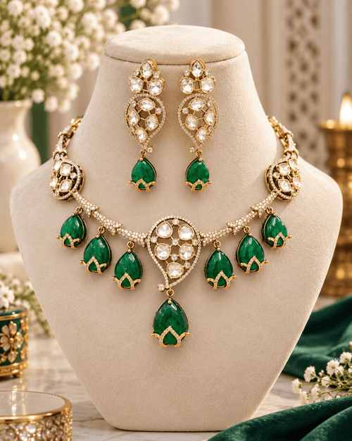 Aganya kreation Jewelry Saira Polki Kundan CZ Monalisa Stone Traditional Necklace Set