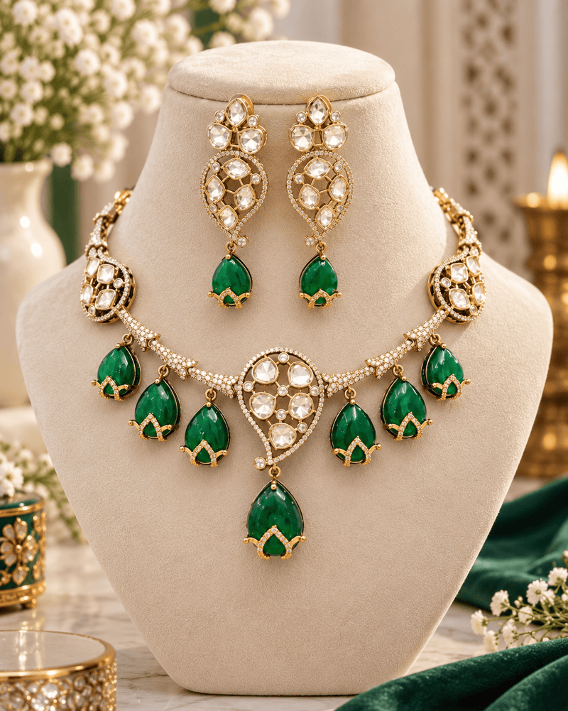 Aganya kreation Jewelry Saira Polki Kundan CZ Monalisa Stone Traditional Necklace Set