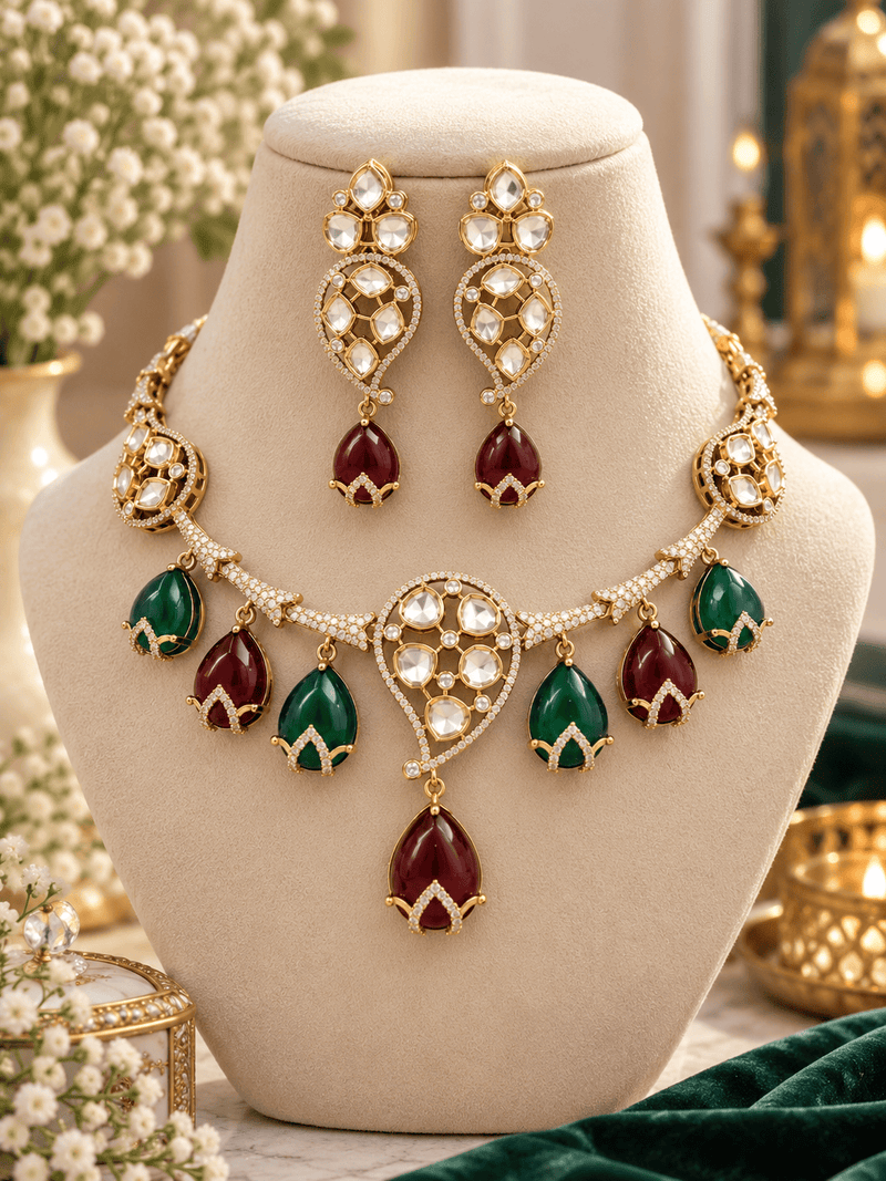 Aganya kreation Jewelry Saira Polki Kundan CZ Monalisa Stone Traditional Necklace Set