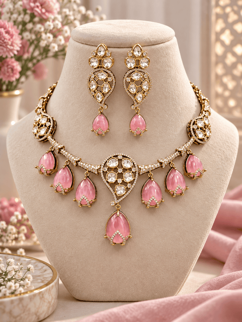 Aganya kreation Jewelry Saira Polki Kundan CZ Monalisa Stone Traditional Necklace Set