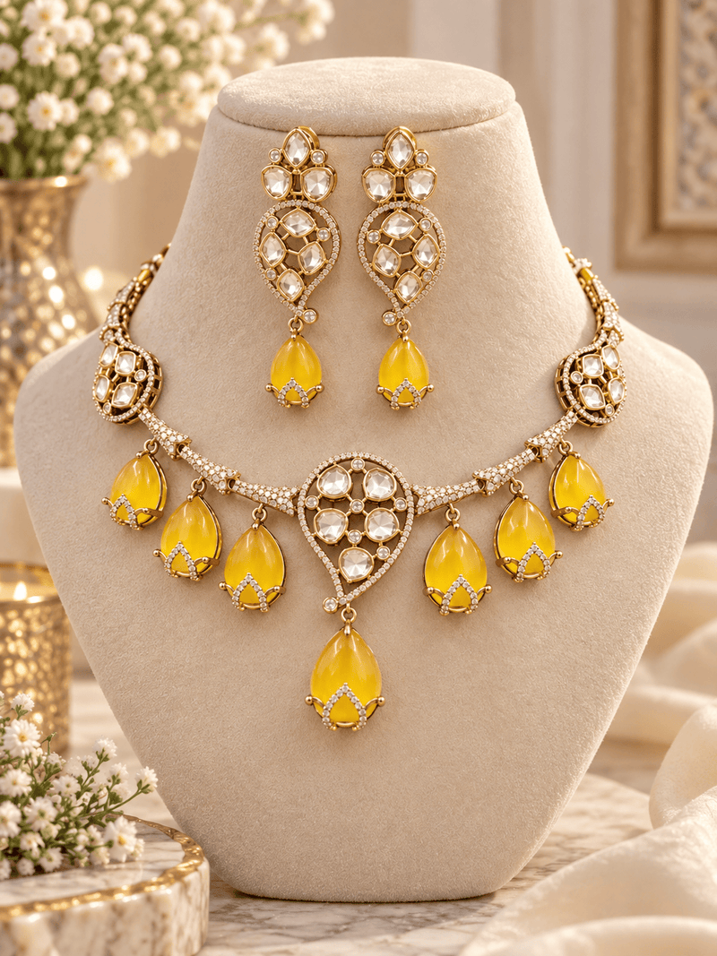 Aganya kreation Jewelry Saira Polki Kundan CZ Monalisa Stone Traditional Necklace Set