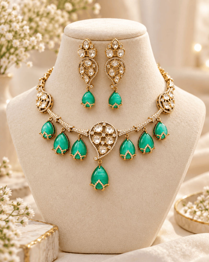 Aganya kreation Jewelry Saira Polki Kundan CZ Monalisa Stone Traditional Necklace Set