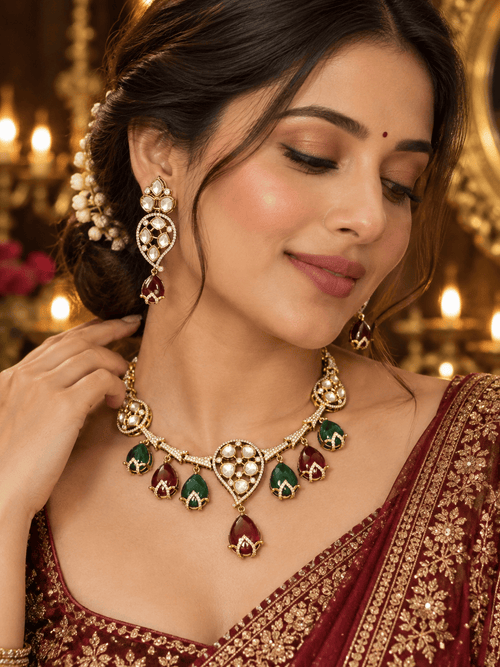 Aganya kreation Jewelry Saira Polki Kundan CZ Monalisa Stone Traditional Necklace Set
