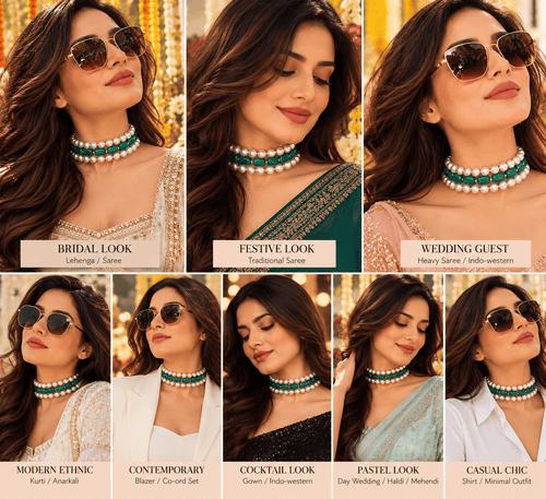 Aganya kreation Jewelry Samiksha Traditional Emerald Green Glass Stone & Pearl Choker for Women