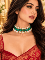 Aganya kreation Jewelry Samiksha Traditional Emerald Green Glass Stone & Pearl Choker for Women