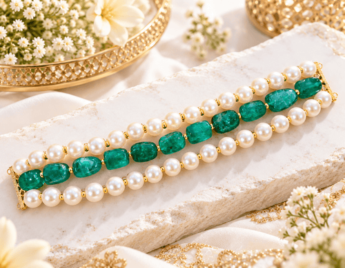 Aganya kreation Jewelry Samiksha Traditional Emerald Green Glass Stone & Pearl Choker for Women