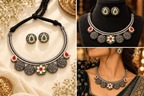 Aganya kreation jewelry Sets Aaradhya Green Kundan Oxidised Silver Choker Necklace Set with Earrings