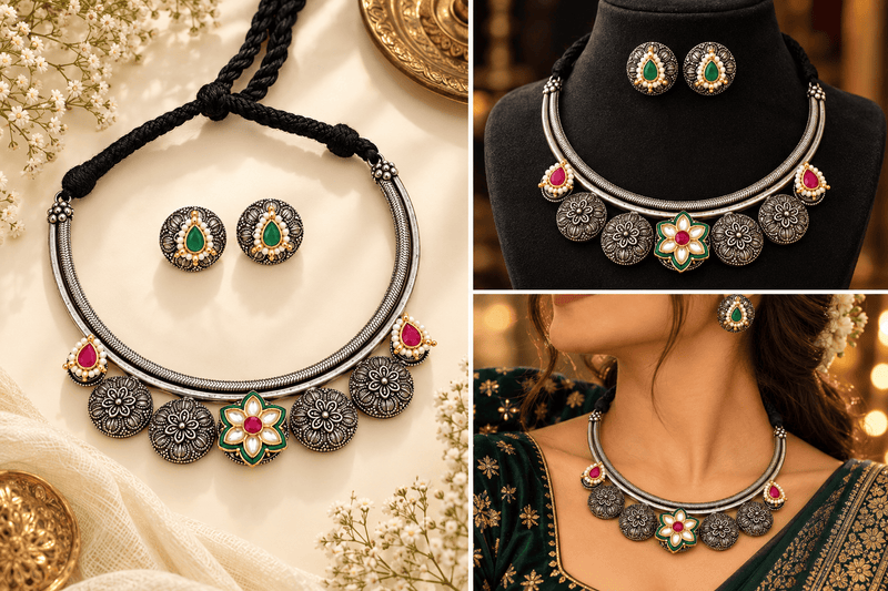 Aganya kreation jewelry Sets Aaradhya Green Kundan Oxidised Silver Choker Necklace Set with Earrings