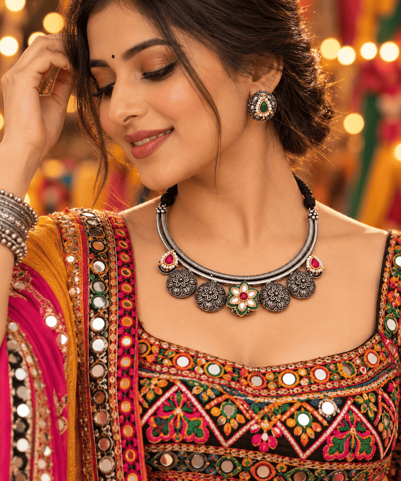 Aganya kreation jewelry Sets Aaradhya Green Kundan Oxidised Silver Choker Necklace Set with Earrings