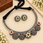 Aganya kreation jewelry Sets Aaradhya Green Kundan Oxidised Silver Choker Necklace Set with Earrings