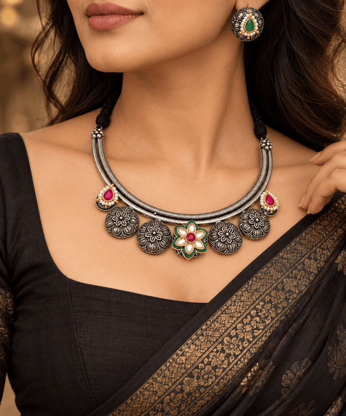 Aganya kreation jewelry Sets Aaradhya Green Kundan Oxidised Silver Choker Necklace Set with Earrings