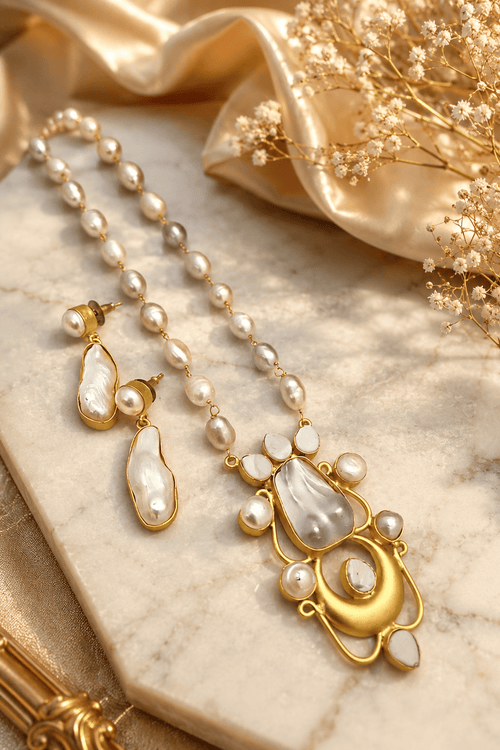 Aganya kreation jewelry Sets Abhaya Real Pearl Set - Handcrafted Elegance for Every Occasion