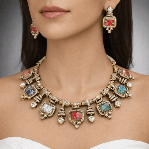 Aganya kreation jewelry Sets Abhitha Natural Stone Kundan Set - Timeless Elegance