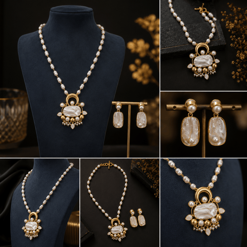 Aganya kreation jewelry Sets Abidha Azure Bloom Real Pearl Necklace Set