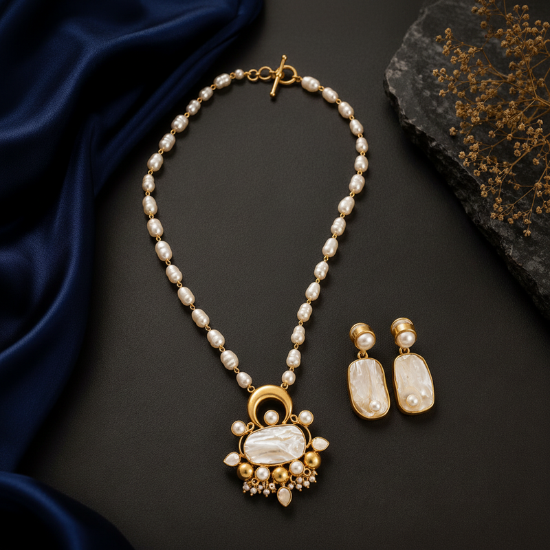 Aganya kreation jewelry Sets Abidha Azure Bloom Real Pearl Necklace Set