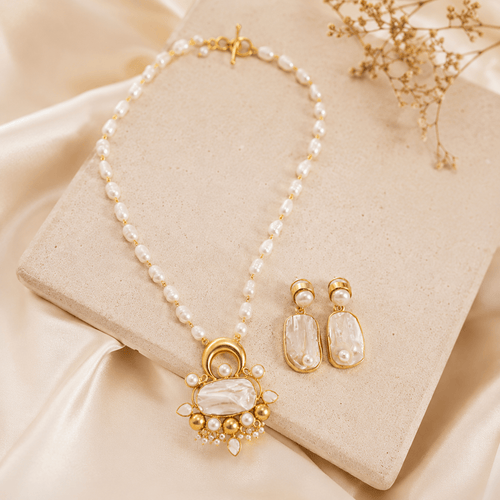 Aganya kreation jewelry Sets Abidha Azure Bloom Real Pearl Necklace Set