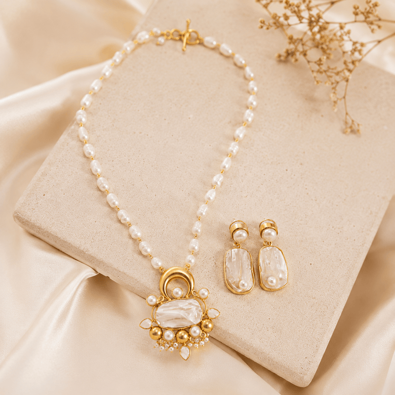 Aganya kreation jewelry Sets Abidha Azure Bloom Real Pearl Necklace Set