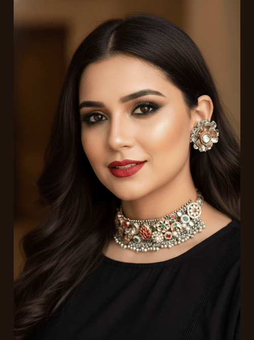 Aishani Set in German silver with kundan, meenakari enamel, zirconia, and oxidised polish by Aganya Kreation