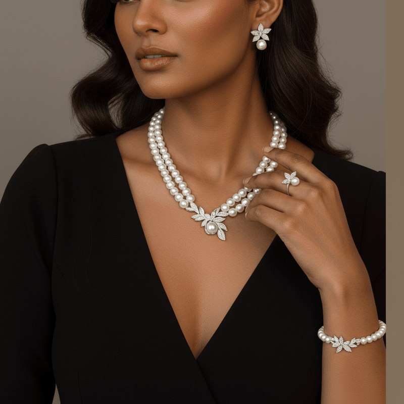 Aganya kreation jewelry Sets Amrusha CZ Floral Shell Pearl Necklace Combo Set
