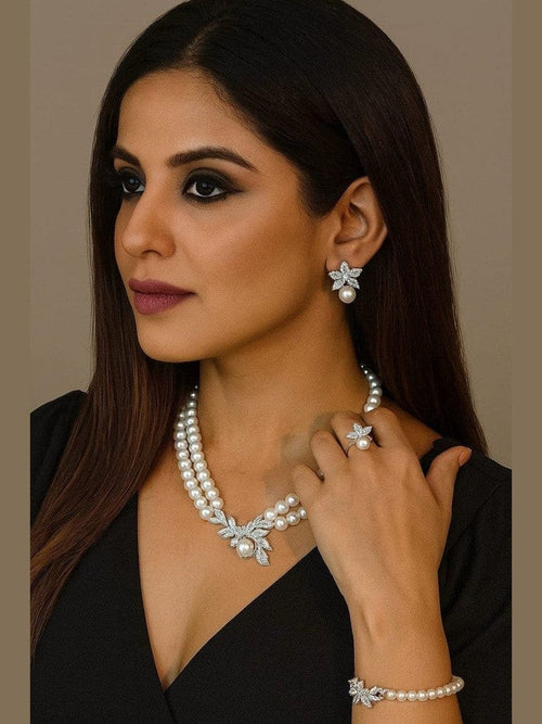 Aganya kreation jewelry Sets Amrusha CZ Floral Shell Pearl Necklace Combo Set
