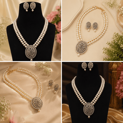 Aganya kreation jewelry Sets Bhuvi Real Pearl Jewellery Set — Shell Pearl Mala, Freshwater Pearl Pendant & Earrings