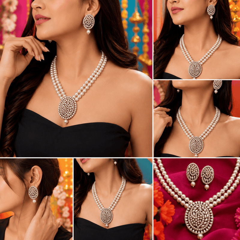Aganya kreation jewelry Sets Bhuvi Real Pearl Jewellery Set — Shell Pearl Mala, Freshwater Pearl Pendant & Earrings