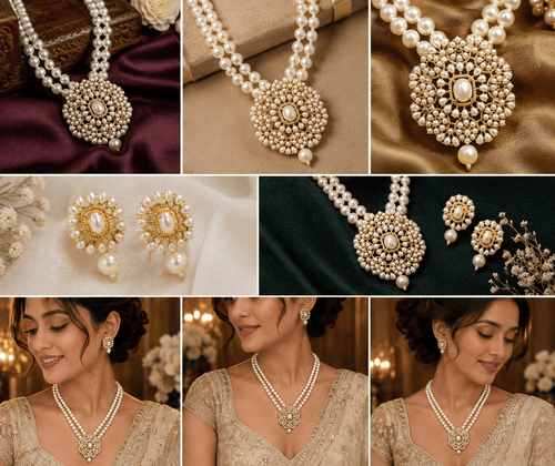 Aganya kreation jewelry Sets Charita Real Pearl Set — Freshwater Pearl Necklace & Earrings with Shell Pearl Mala