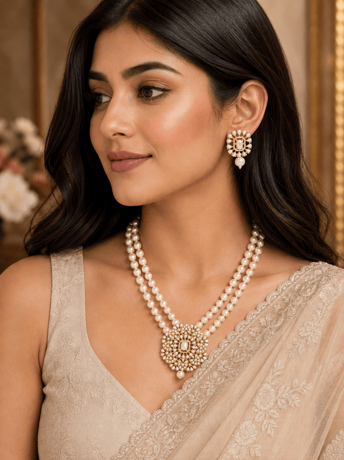 Aganya kreation jewelry Sets Charita Real Pearl Set — Freshwater Pearl Necklace & Earrings with Shell Pearl Mala