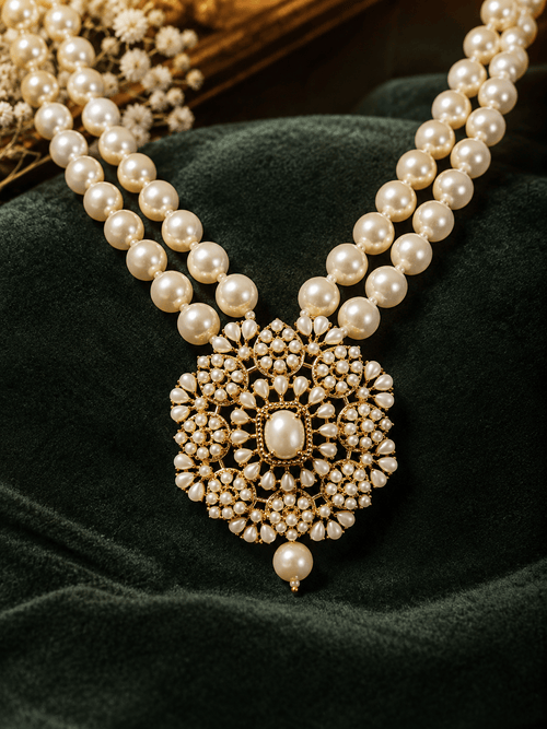 Aganya kreation jewelry Sets Charita Real Pearl Set — Freshwater Pearl Necklace & Earrings with Shell Pearl Mala