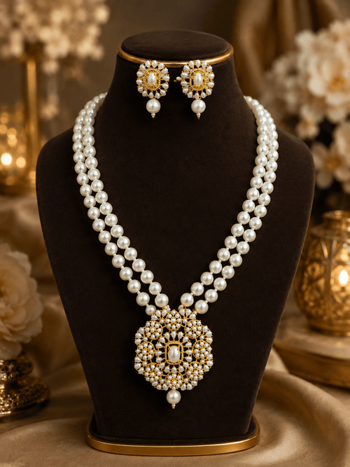 Aganya kreation jewelry Sets Charita Real Pearl Set — Freshwater Pearl Necklace & Earrings with Shell Pearl Mala