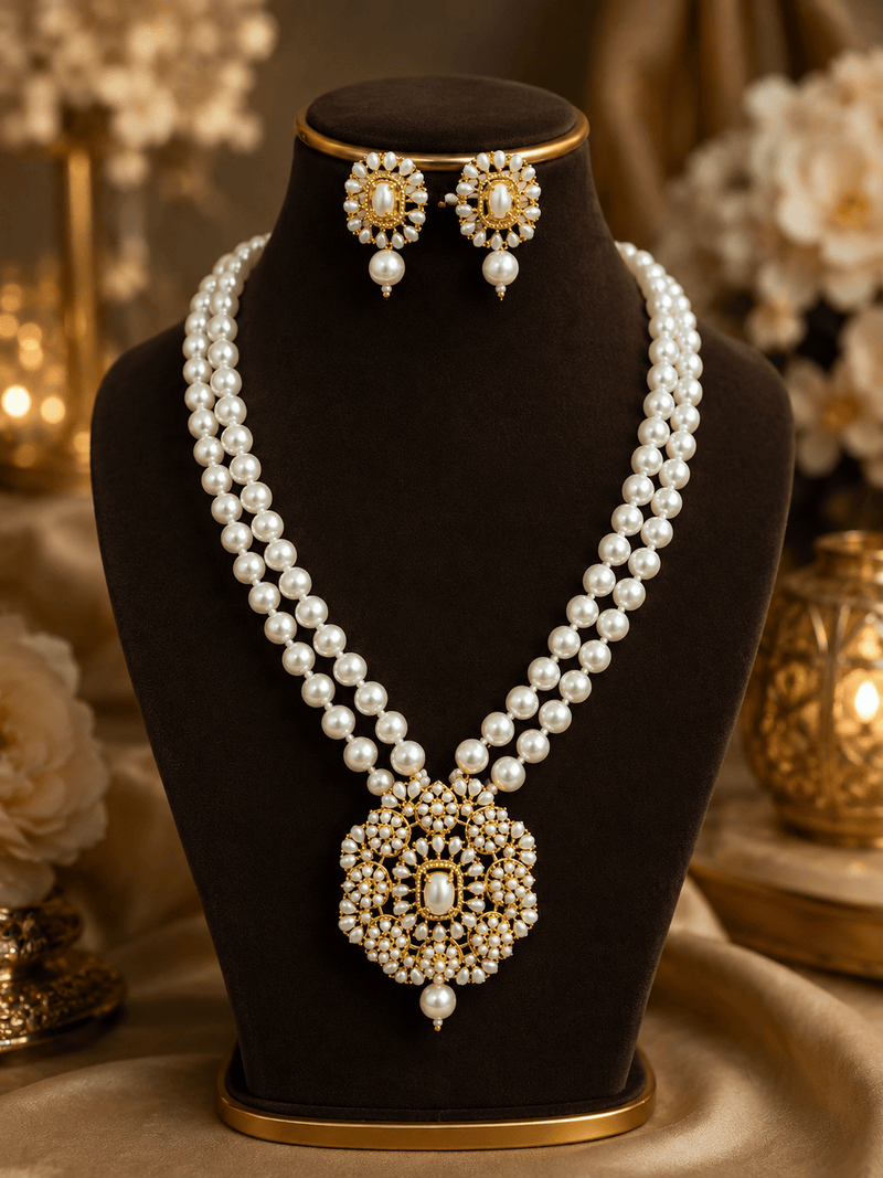 Aganya kreation jewelry Sets Charita Real Pearl Set — Freshwater Pearl Necklace & Earrings with Shell Pearl Mala