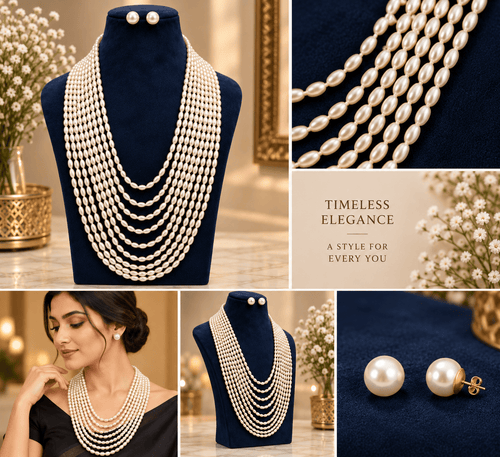 Aganya kreation jewelry Sets Classic Luxe Multi-Layer Pearl Set — 8-Strand Shell Pearl Necklace with Stud Earrings