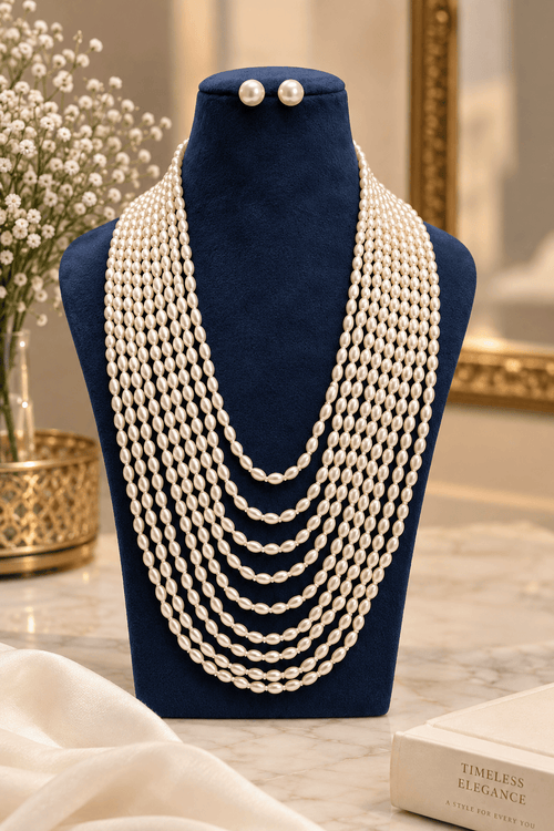 Aganya kreation jewelry Sets Classic Luxe Multi-Layer Pearl Set — 8-Strand Shell Pearl Necklace with Stud Earrings