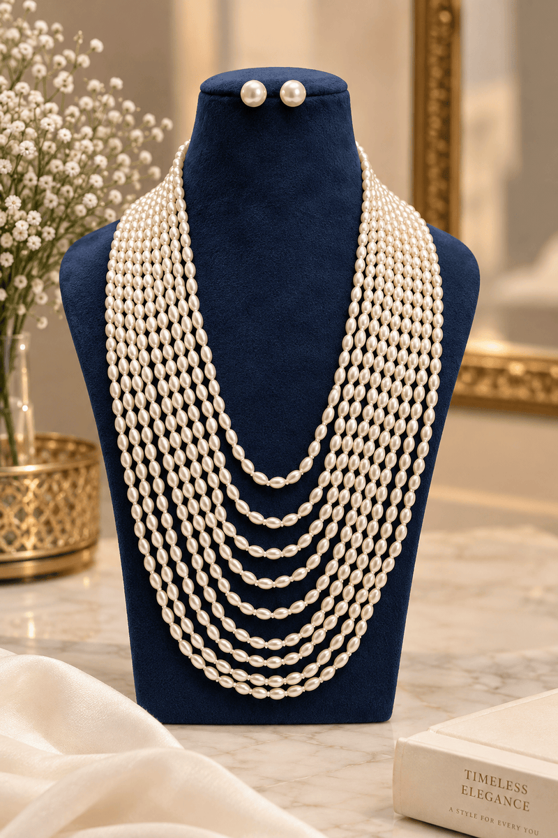 Aganya kreation jewelry Sets Classic Luxe Multi-Layer Pearl Set — 8-Strand Shell Pearl Necklace with Stud Earrings