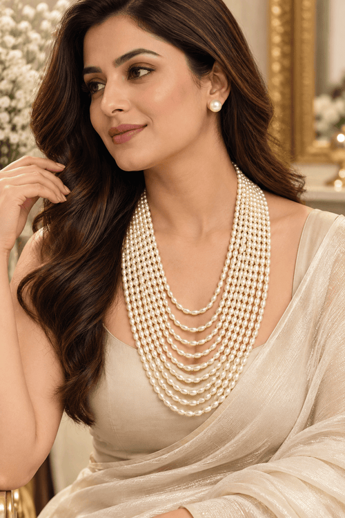 Aganya kreation jewelry Sets Classic Luxe Multi-Layer Pearl Set — 8-Strand Shell Pearl Necklace with Stud Earrings
