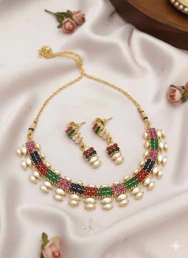 Aganya kreation jewelry Sets Classic Navrangani Real Pearl CZ Set