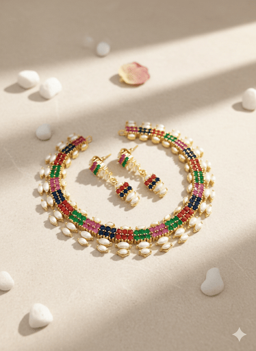 Aganya kreation jewelry Sets Classic Navrangani Real Pearl CZ Set
