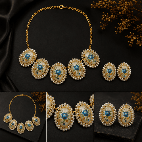 Aganya kreation jewelry Sets Dakshayani Japanese Stone Floral Pearl Statement Necklace Set | Designer Jewellery